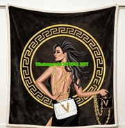 Versace Dark Brown And Gold Medusa Greek Key Fashion Illustration Print Flannel Throw Blanket Luxury Sofa Cover Blanket IMG_1669